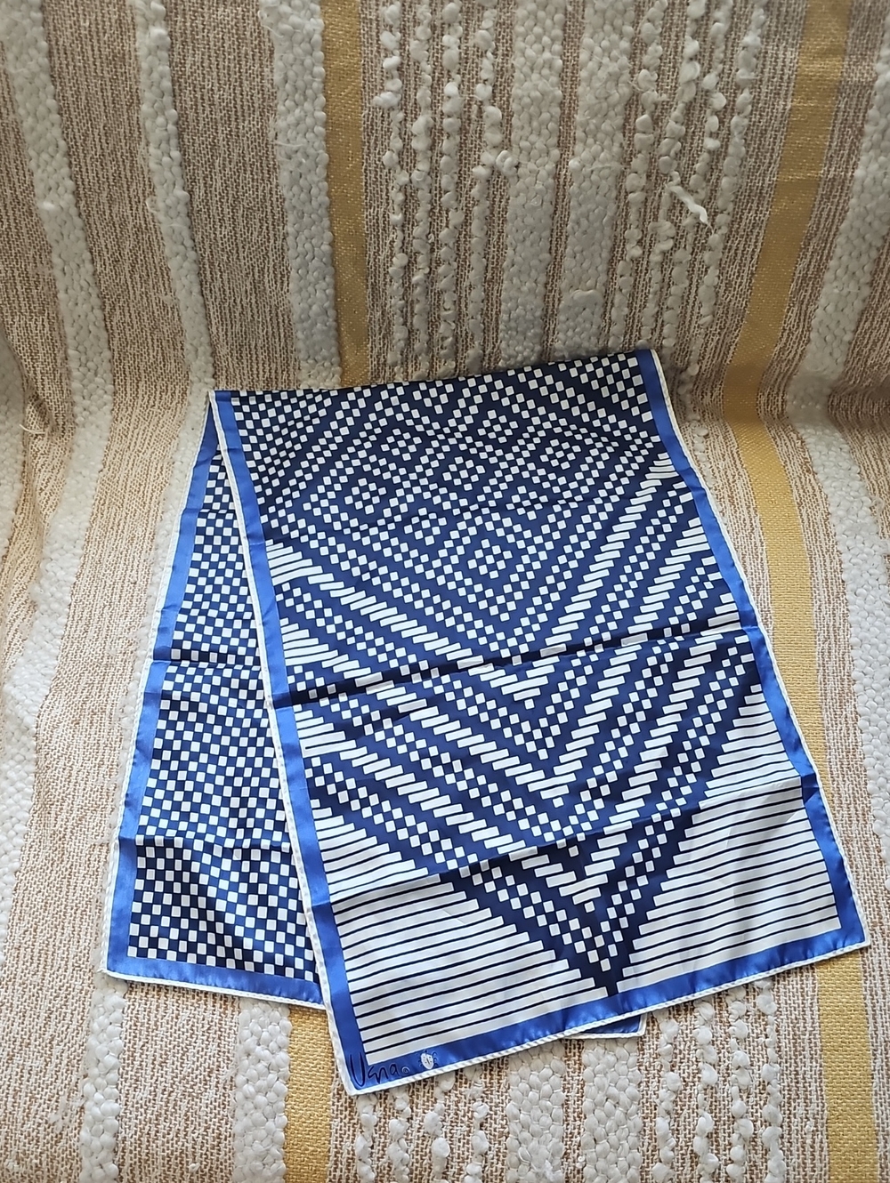 Vintage Geometric Blue and White Scarf